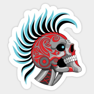 Tattooed Robot Skull with Blue Mohawk Sticker